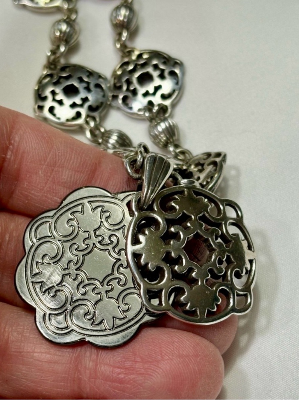 Brighton Flora Reversible Medallion Black Enamel Silver Plated Collar Necklace - Picture 2 of 5